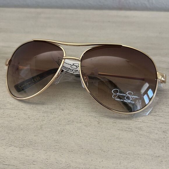 Jessica Simpson J106 GLD Aviator Sunglasses Gold Tone Brown Sunnies Shades - Picture 1 of 13